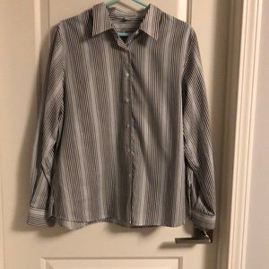 Black, white, gray button-down shirt, wrinkle free